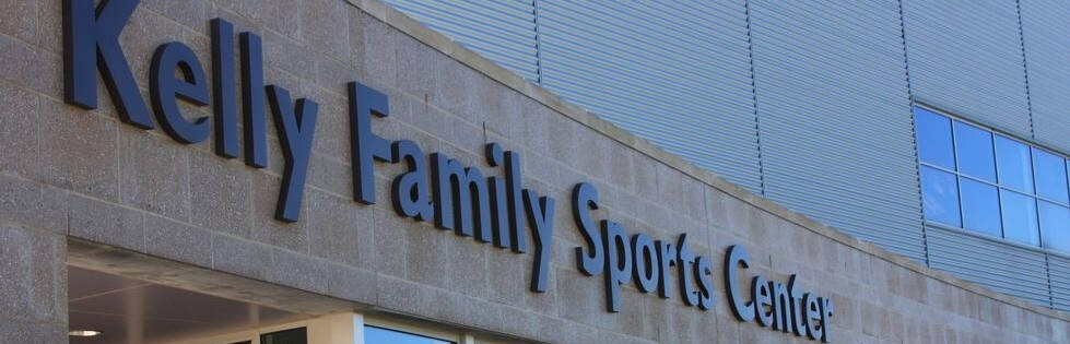 Kelly Family Sports Center sign above Front Entrance